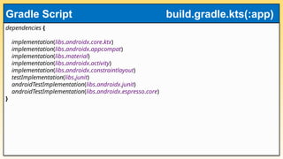 dependencies {
implementation(libs.androidx.core.ktx)
implementation(libs.androidx.appcompat)
implementation(libs.material)
implementation(libs.androidx.activity)
implementation(libs.androidx.constraintlayout)
testImplementation(libs.junit)
androidTestImplementation(libs.androidx.junit)
androidTestImplementation(libs.androidx.espresso.core)
}
Gradle Script build.gradle.kts(:app)
 