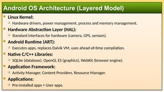  Linux Kernel:
 Hardware drivers, power management, process and memory management.
 Hardware Abstraction Layer (HAL):
 Standard interfaces for hardware (camera, GPS, sensors).
 Android Runtime (ART):
 Executes apps, replaces Dalvik VM, uses ahead-of-time compilation.
 Native C/C++ Libraries:
 SQLite (database), OpenGL ES (graphics), WebKit (browser engine).
 Application Framework:
 Activity Manager, Content Providers, Resource Manager.
 Applications:
 Pre-installed apps + User apps.
Android OS Architecture (Layered Model)
 