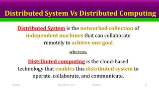 Distributed System Vs Distributed Computing
Distributed System is the networked collection of
independent machines that can collaborate
remotely to achieve one goal
whereas,
Distributed computing is the cloud-based
technology that enables this distributed system to
operate, collaborate, and communicate.
6/5/2023 MCS-308T Dis Com II TED,SSUET 25
 