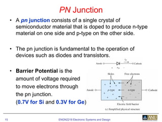 ENGN2218 Electronic Systems and Design15
• A pn junction consists of a single crystal of
semiconductor material that is doped to produce n-type
material on one side and p-type on the other side.
• The pn junction is fundamental to the operation of
devices such as diodes and transistors.
• Barrier Potential is the
amount of voltage required
to move electrons through
the pn junction.
(0.7V for Si and 0.3V for Ge)
PN Junction
 