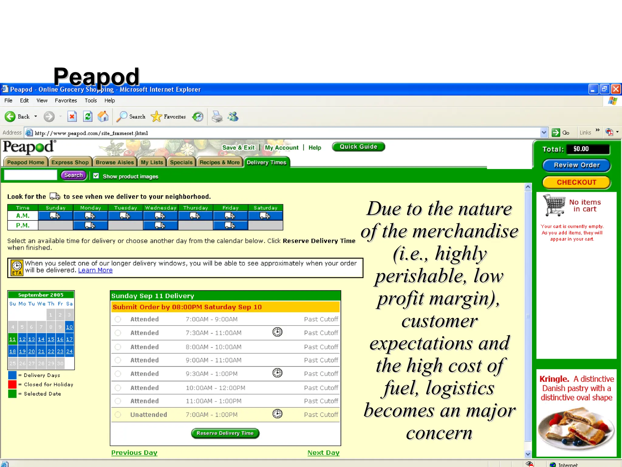 34
EMBA 226 • College of Business Administration • California State University, Sacramento
Due to the nature
Due to the nature
of the merchandise
of the merchandise
(i.e., highly
(i.e., highly
perishable, low
perishable, low
profit margin),
profit margin),
customer
customer
expectations and
expectations and
the high cost of
the high cost of
fuel, logistics
fuel, logistics
becomes an major
becomes an major
concern
concern
Peapod
Peapod
 