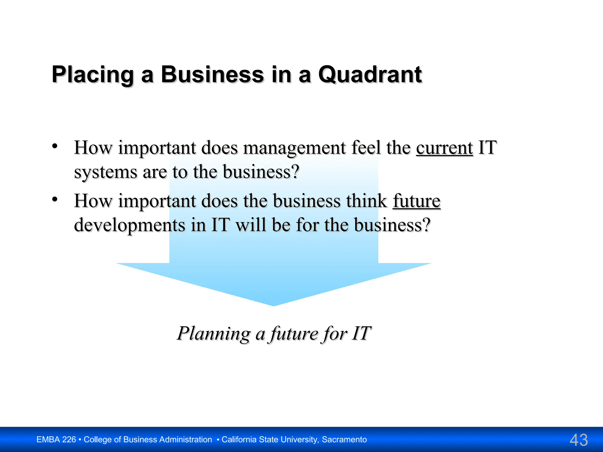 43
EMBA 226 • College of Business Administration • California State University, Sacramento
Placing a Business in a Quadrant
Placing a Business in a Quadrant
• How important does management feel the
How important does management feel the current
current IT
IT
systems are to the business?
systems are to the business?
• How important does the business think
How important does the business think future
future
developments in IT will be for the business?
developments in IT will be for the business?
Planning a future for IT
Planning a future for IT
 