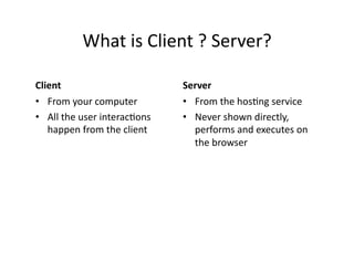 What	
  is	
  Client	
  ?	
  Server?	
  

Client	
                                   Server	
  
•  From	
  your	
  computer	
              •  From	
  the	
  hos)ng	
  service	
  
•  All	
  the	
  user	
  interac)ons	
     •  Never	
  shown	
  directly,	
  
   happen	
  from	
  the	
  client	
          performs	
  and	
  executes	
  on	
  
                                              the	
  browser	
  
 