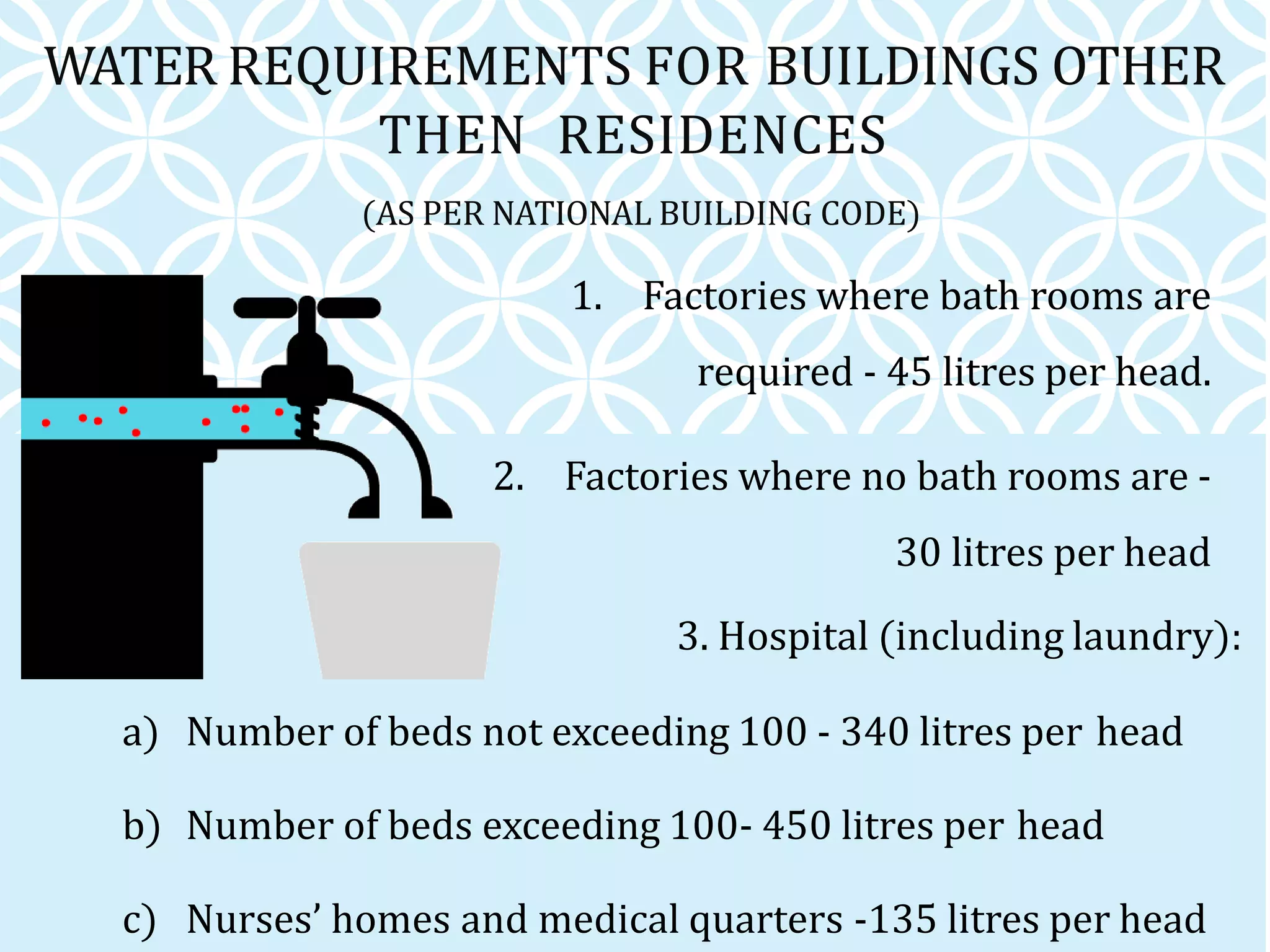 WATER REQUIREMENTS FOR BUILDINGS OTHER
THEN RESIDENCES
(AS PER NATIONAL BUILDING CODE)
1. Factories where bath rooms are
required - 45 litres per head.
2. Factories where no bath rooms are -
30 litres per head
3. Hospital (including laundry):
a) Number of beds not exceeding 100 - 340 litres per head
b) Number of beds exceeding 100- 450 litres per head
c) Nurses’ homes and medical quarters -135 litres per head
 