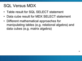 30
SQL Versus MDX
• Table result for SQL SELECT statement
• Data cube result for MDX SELECT statement
• Different mathematical approaches for
manipulating tables (e.g. relational algebra) and
data cubes (e.g. matrix algebra)
 