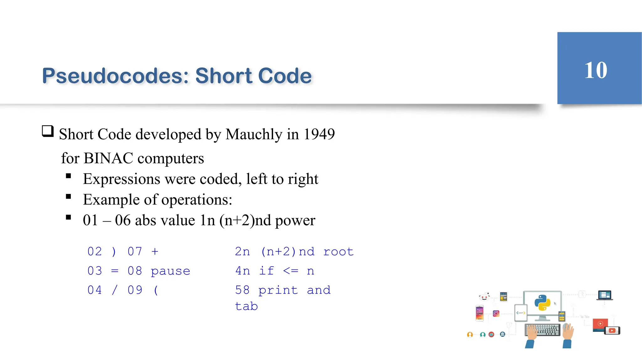 Pseudocodes: Short Code
 Short Code developed by Mauchly in 1949
for BINAC computers
 Expressions were coded, left to right
 Example of operations:
 01 – 06 abs value 1n (n+2)nd power
10
02 ) 07 +
03 = 08 pause
04 / 09 (
2n (n+2)nd root
4n if <= n
58 print and
tab
 
