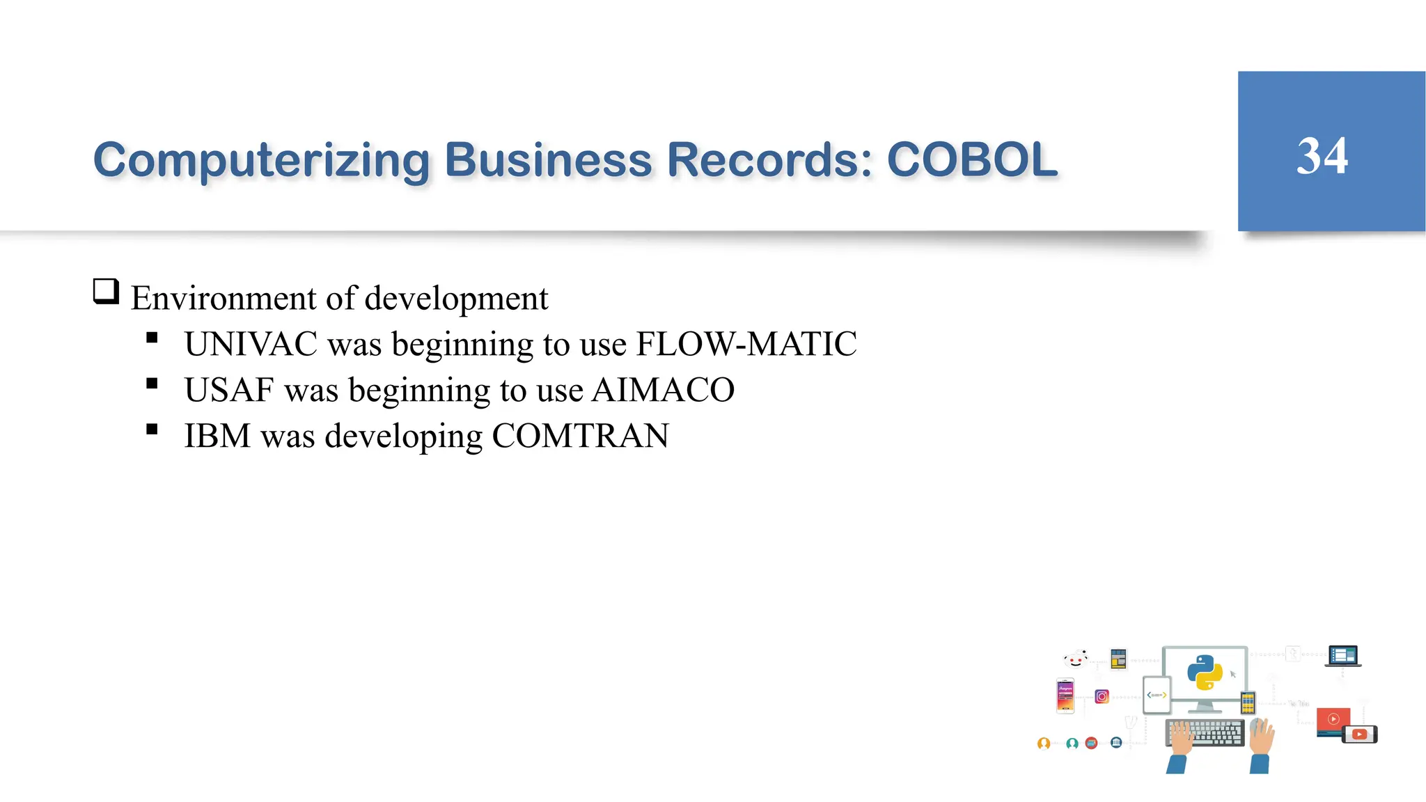Computerizing Business Records: COBOL
 Environment of development
 UNIVAC was beginning to use FLOW-MATIC
 USAF was beginning to use AIMACO
 IBM was developing COMTRAN
34
 
