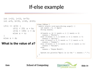 Date School of Computing Slide 14
If-else example
int i=10, j=15, k=70;
int a=0, b=30, c=40, d=20;
if(i == d/2) {
if(j < 20) a = b;
if(k > 100) c = d;
else a = c;
}
else a = d;
What is the value of a?
 