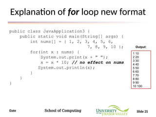Date School of Computing Slide 25
Explanation of for loop new format
public class JavaApplication3 {
public static void main(String[] args) {
int nums[] = { 1, 2, 3, 4, 5, 6,
7, 8, 9, 10 };
for(int x : nums) {
System.out.print(x + " ");
x = x * 10; // no effect on nums
System.out.println(x);
}
}
}
1 10
2 20
3 30
4 40
5 50
6 60
7 70
8 80
9 90
10 100
Output:
 