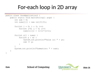 Date School of Computing Slide 26
For-each loop in 2D array
public class JavaApplication3 {
public static void main(String[] args) {
int sum = 0;
int nums[][] = new int[3][5];
for(int i = 0; i < 3; i++)
for(int j=0; j < 5; j++)
nums[i][j] = (i+1)*(j+1);
for(int x[] : nums) {
for(int y : x) {
System.out.println("Value is: " + y);
sum += y;
}
}
System.out.println("Summation: " + sum);
}
}
 