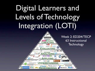 Digital Learners and
Levels of Technology
Integration (LOTI)
Week 2:
ED204/TECP 63
Instructional
Technology
 