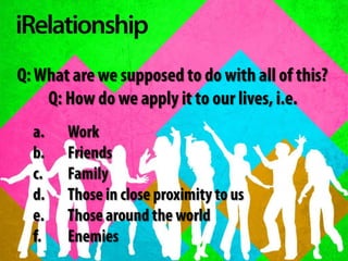 Q: What are we supposed to do with all of this?Q: How do we apply it to our lives, i.e.a.	Workb.	Friendsc.	Familyd.	Those in close proximity to use.	Those around the worldf.	Enemies
