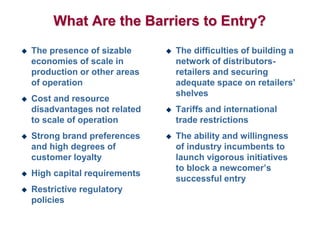 What Are the Barriers to Entry?
 The presence of sizable
economies of scale in
production or other areas
of operation
 Cost and resource
disadvantages not related
to scale of operation
 Strong brand preferences
and high degrees of
customer loyalty
 High capital requirements
 Restrictive regulatory
policies
 The difficulties of building a
network of distributors-
retailers and securing
adequate space on retailers’
shelves
 Tariffs and international
trade restrictions
 The ability and willingness
of industry incumbents to
launch vigorous initiatives
to block a newcomer’s
successful entry
 