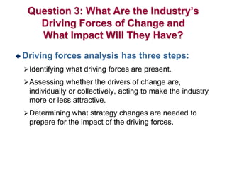 Question 3: What Are the Industry’s
Driving Forces of Change and
What Impact Will They Have?
 Driving forces analysis has three steps:
Identifying what driving forces are present.
Assessing whether the drivers of change are,
individually or collectively, acting to make the industry
more or less attractive.
Determining what strategy changes are needed to
prepare for the impact of the driving forces.
 