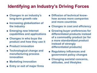 Identifying an Industry’s Driving Forces
 Changes in an industry’s
long-term growth rate
 Increasing globalization of
the industry
 Emerging new Internet
capabilities and applications
 Changes in who buys the
product and how they use it
 Product innovation
 Technological change and
manufacturing process
innovation
 Marketing innovation
 Entry or exit of major firms
 Diffusion of technical know-
how across more companies
and more countries
 Changes in cost and efficiency
 Growing buyer preferences for
differentiated products instead
of a commodity product (or for
a more standardized product
instead of strongly
differentiated products)
 Regulatory influences and
government policy changes
 Changing societal concerns,
attitudes, and lifestyles
 