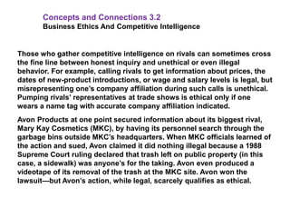 Concepts and Connections 3.2
Business Ethics And Competitive Intelligence
Those who gather competitive intelligence on rivals can sometimes cross
the fine line between honest inquiry and unethical or even illegal
behavior. For example, calling rivals to get information about prices, the
dates of new-product introductions, or wage and salary levels is legal, but
misrepresenting one’s company affiliation during such calls is unethical.
Pumping rivals’ representatives at trade shows is ethical only if one
wears a name tag with accurate company affiliation indicated.
Avon Products at one point secured information about its biggest rival,
Mary Kay Cosmetics (MKC), by having its personnel search through the
garbage bins outside MKC’s headquarters. When MKC officials learned of
the action and sued, Avon claimed it did nothing illegal because a 1988
Supreme Court ruling declared that trash left on public property (in this
case, a sidewalk) was anyone’s for the taking. Avon even produced a
videotape of its removal of the trash at the MKC site. Avon won the
lawsuit—but Avon’s action, while legal, scarcely qualifies as ethical.
 