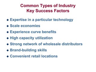 Common Types of Industry
Key Success Factors
 Expertise in a particular technology
 Scale economies
 Experience curve benefits
 High capacity utilization
 Strong network of wholesale distributors
 Brand-building skills
 Convenient retail locations
 