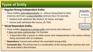  Regular/Strong/Independent Entity:
 These entities exist independently i.e., without being linked to other
instances and have a unique identifier (primary key). For example:
 Student (with attributes like Student_ID, Name, and Age)
 Course (with attributes like Course_ID, Title)
 Weak/Dependent Entity:
 These entities depend on a strong entity and cannot exist without it.
It does not have a primary key. For Example
 A dependent (like a spouse or child) cannot exist independently in the system without
being associated with an employee.
 Dependency: Cannot exist without the associated strong entity.
 Composite Key: The primary key is a combination of the strong entity’s primary key and
the weak entity’s discriminator.
Types of Entity
Dependents
Employee
Strong Entity
Week Entity
 