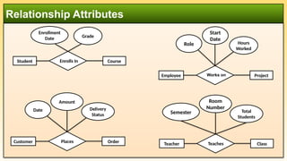 Relationship Attributes
Student Enrolls In Course
Enrollment
Date Grade
Employee Works on Project
Hours
Worked
Role
Start
Date
Customer Places Order
Delivery
Status
Date
Amount
Teacher Teaches Class
Total
Students
Semester
Room
Number
 