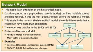  This model is an extension of the hierarchical model.
 Data is organized as a graph, where records (nodes) can have multiple parent
and child records. It was the most popular model before the relational model.
 This model is the same as the hierarchical model, the only difference is that a
record can have more than one parent.
 The model was popular in the 1960s and 1970s
 Features of Network Model
 Ability to Merge more Relationships,
Many paths & Circular Linked List
 Examples
 Integrated Database Management System (IDMS)
 CODASYL DBMS, Raima Database Manager.
Network Model
 