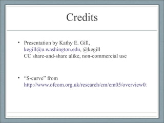 Credits Presentation by Kathy E. Gill,  [email_address] , @kegill  CC share-and-share alike, non-commercial use “ S-curve” from  http://www.ofcom.org.uk/research/cm/cm05/overview05/keycomms/ 