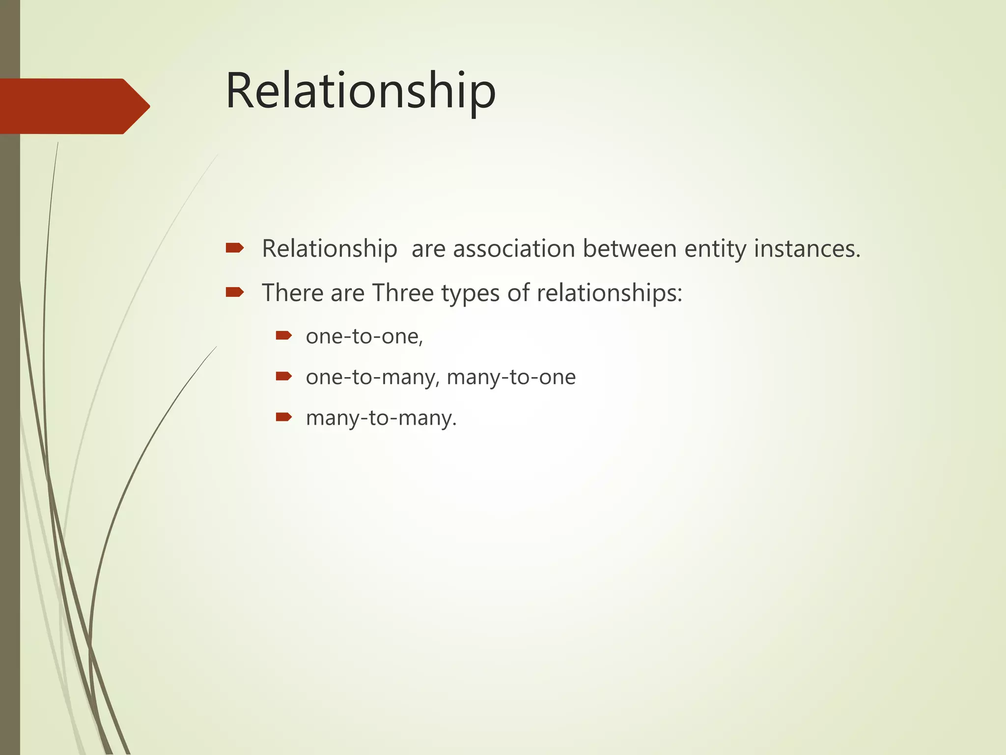 Relationship
 Relationship are association between entity instances.
 There are Three types of relationships:
 one-to-one,
 one-to-many, many-to-one
 many-to-many.
 