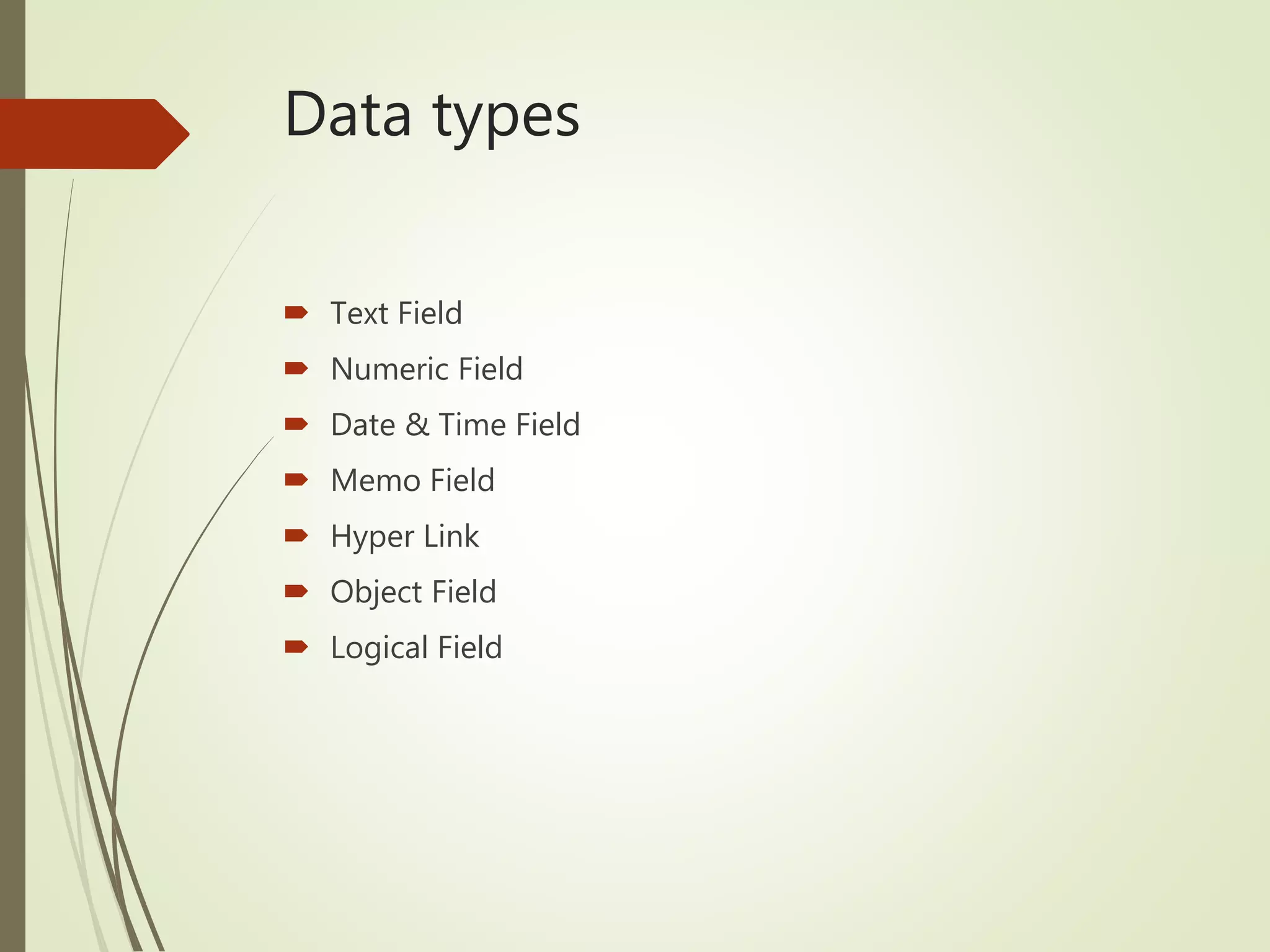 Data types
 Text Field
 Numeric Field
 Date & Time Field
 Memo Field
 Hyper Link
 Object Field
 Logical Field
 