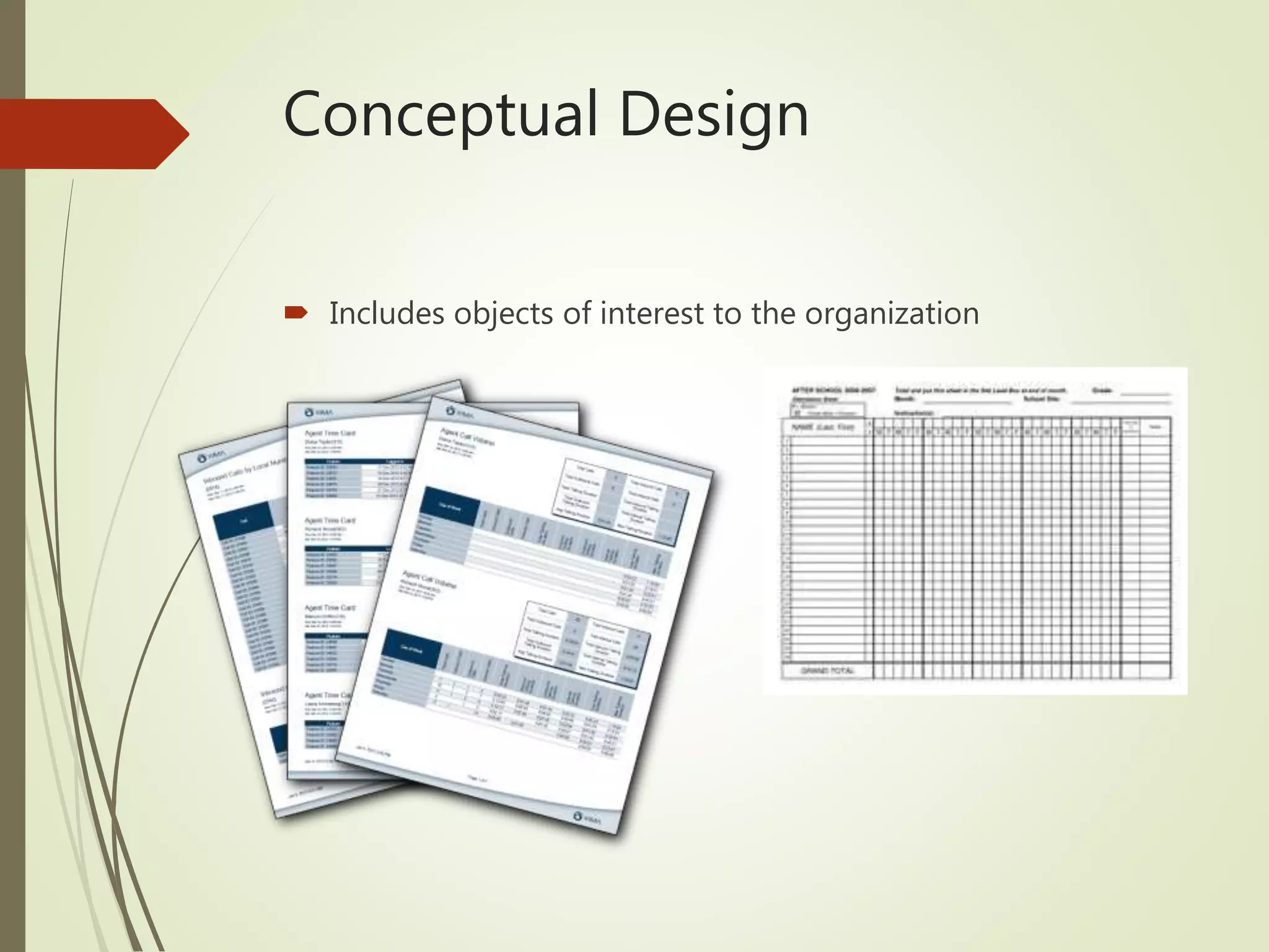 Conceptual Design
 Includes objects of interest to the organization
 