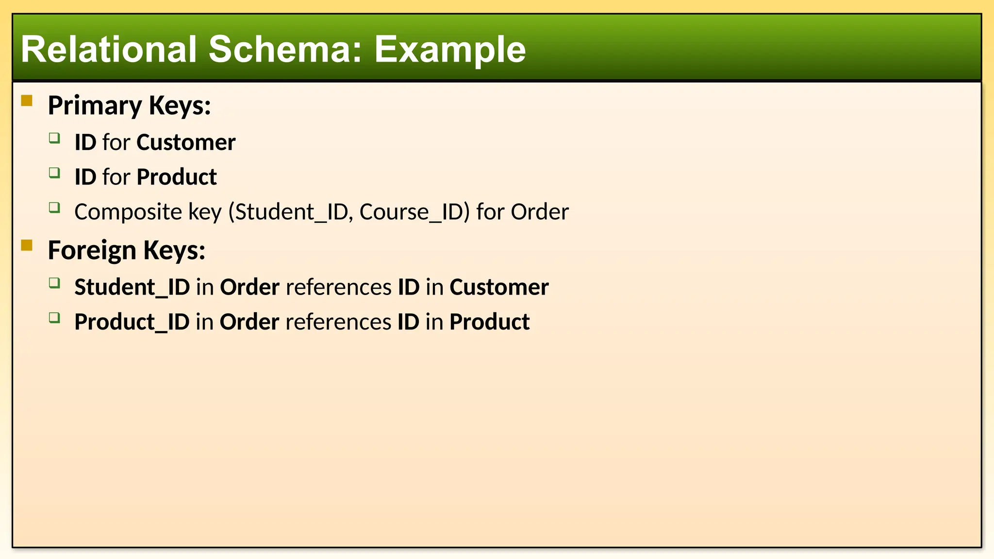 Primary Keys:
 ID for Customer
 ID for Product
 Composite key (Student_ID, Course_ID) for Order
 Foreign Keys:
 Student_ID in Order references ID in Customer
 Product_ID in Order references ID in Product
Relational Schema: Example
 