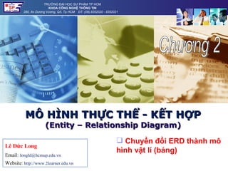 TRƯỜNG ĐẠI HỌC SƯ PHẠM TP HCM
                        KHOA CÔNG NGHỆ THÔNG TIN
         280, An Dương Vương, Q5, Tp HCM ĐT: (08).8352020 - 8352021




          MÔ HÌNH THỰC THỂ - KẾT HỢP
                      (Entity – Relationship Diagram)

                                                                  Chuyển đổi ERD thành mô
Lê Đức Long
                                                                 hình vật lí (bảng)
Email: longld@hcmup.edu.vn
Website: http://www.2learner.edu.vn
 