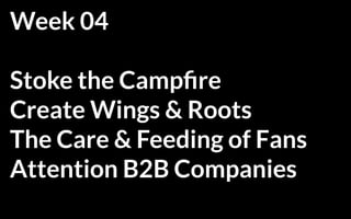 Week 04
Stoke the Campfire
Create Wings & Roots
The Care & Feeding of Fans
Attention B2B Companies

 