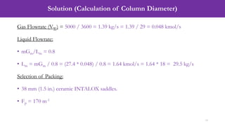 Solution (Calculation of Column Diameter)
14
Gas Flowrate (VW) = 5000 / 3600 = 1.39 kg/s = 1.39 / 29 = 0.048 kmol/s
Liquid Flowrate:
• mGm/Lm = 0.8
• Lm = mGm / 0.8 = (27.4 * 0.048) / 0.8 = 1.64 kmol/s = 1.64 * 18 = 29.5 kg/s
Selection of Packing:
• 38 mm (1.5 in.) ceramic INTALOX saddles.
• Fp = 170 m-1
 