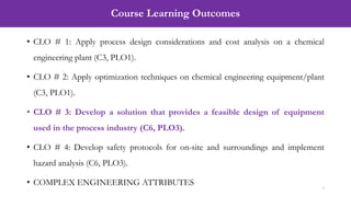 Course Learning Outcomes
3
• CLO # 1: Apply process design considerations and cost analysis on a chemical
engineering plant (C3, PLO1).
• CLO # 2: Apply optimization techniques on chemical engineering equipment/plant
(C3, PLO1).
• CLO # 3: Develop a solution that provides a feasible design of equipment
used in the process industry (C6, PLO3).
• CLO # 4: Develop safety protocols for on-site and surroundings and implement
hazard analysis (C6, PLO3).
• COMPLEX ENGINEERING ATTRIBUTES
 