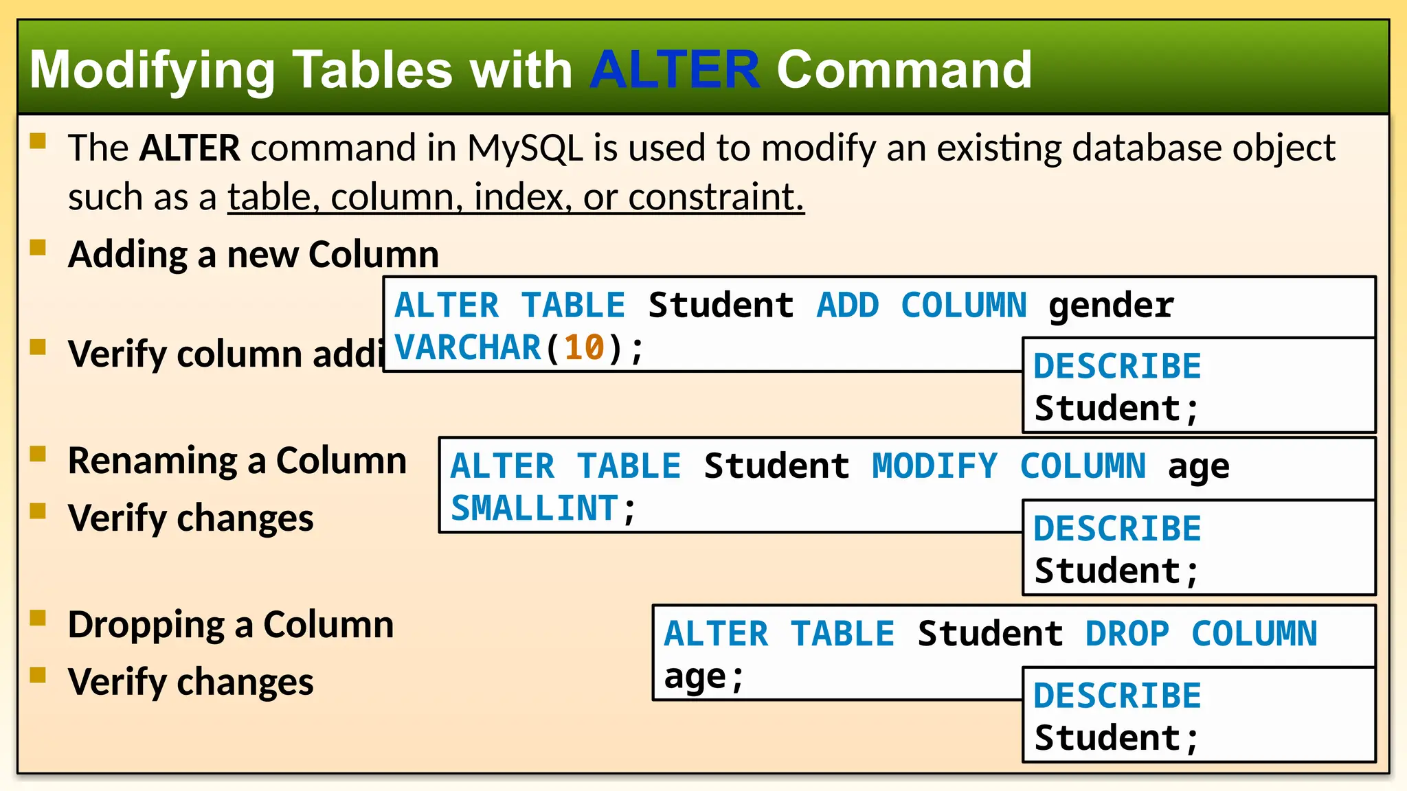  The ALTER command in MySQL is used to modify an existing database object such as a table, column, index, or constraint.  Adding a new Column  Verify column addition  Renaming a Column  Verify changes  Dropping a Column  Verify changes Modifying Tables with ALTER Command ALTER TABLE Student ADD COLUMN gender VARCHAR(10); ALTER TABLE Student MODIFY COLUMN age SMALLINT; ALTER TABLE Student DROP COLUMN age; DESCRIBE Student; DESCRIBE Student; DESCRIBE Student; 