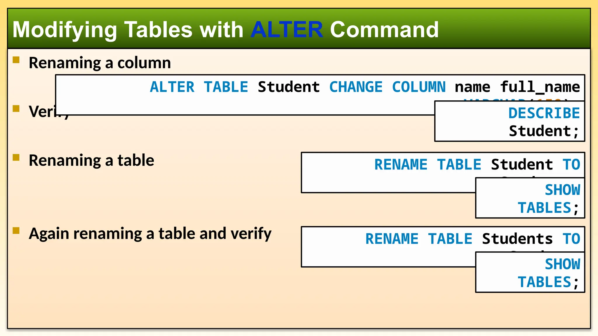  Renaming a column  Verify  Renaming a table  Again renaming a table and verify Modifying Tables with ALTER Command ALTER TABLE Student CHANGE COLUMN name full_name VARCHAR(150); DESCRIBE Student; RENAME TABLE Student TO Students; SHOW TABLES; RENAME TABLE Students TO Student; SHOW TABLES; 