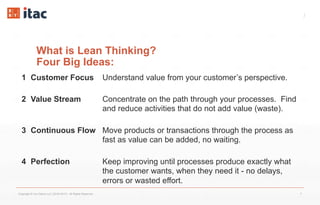 7
What is Lean Thinking?
Four Big Ideas:
Copyright © Vox Datum LLC (2016-2017). All Rights Reserved. 7
1 Customer Focus Understand value from your customer’s perspective.
2 Value Stream Concentrate on the path through your processes. Find
and reduce activities that do not add value (waste).
3 Continuous Flow Move products or transactions through the process as
fast as value can be added, no waiting.
4 Perfection Keep improving until processes produce exactly what
the customer wants, when they need it - no delays,
errors or wasted effort.
 