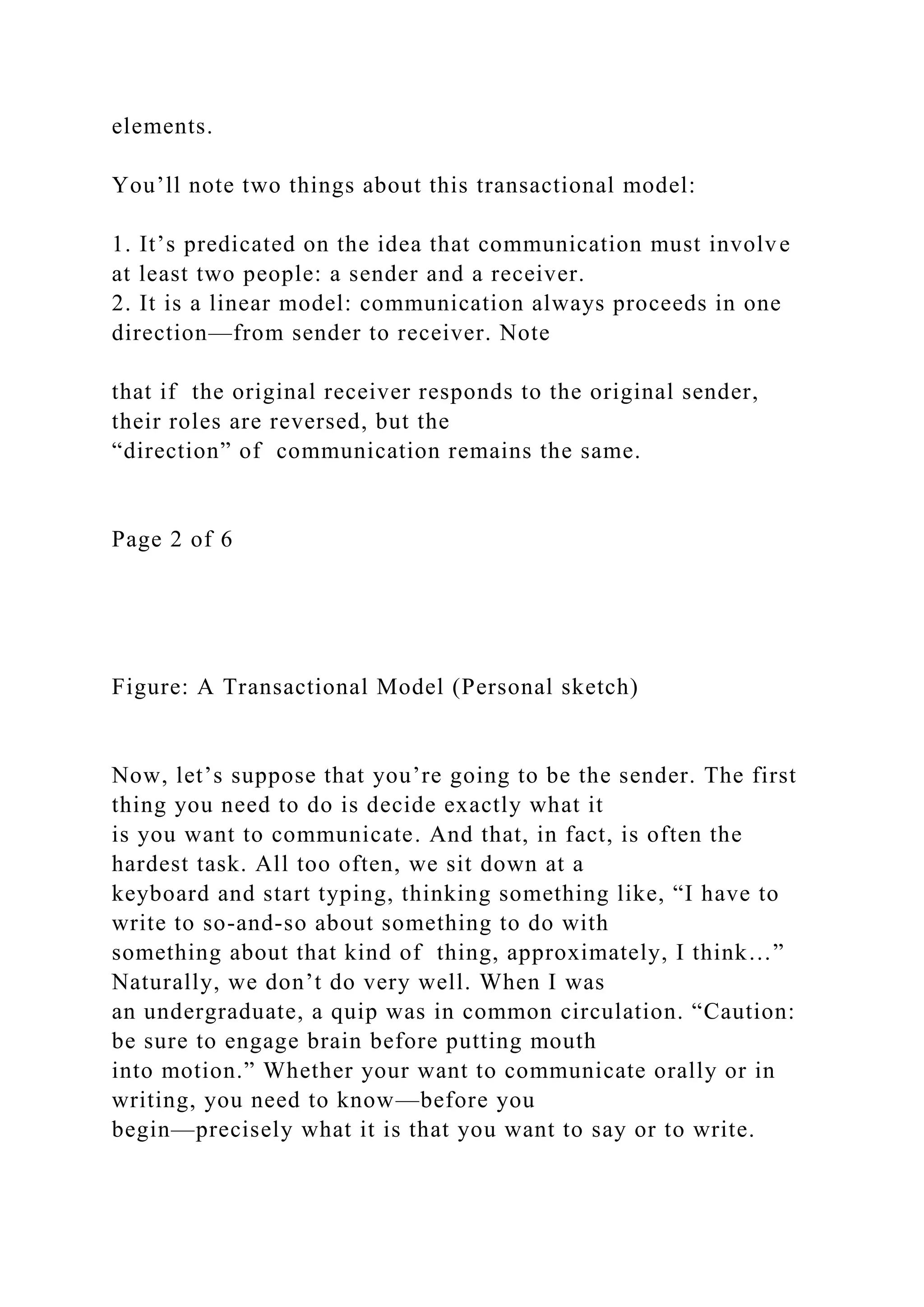 elements.
You’ll note two things about this transactional model:
1. It’s predicated on the idea that communication must involve
at least two people: a sender and a receiver.
2. It is a linear model: communication always proceeds in one
direction—from sender to receiver. Note
that if the original receiver responds to the original sender,
their roles are reversed, but the
“direction” of communication remains the same.
Page 2 of 6
Figure: A Transactional Model (Personal sketch)
Now, let’s suppose that you’re going to be the sender. The first
thing you need to do is decide exactly what it
is you want to communicate. And that, in fact, is often the
hardest task. All too often, we sit down at a
keyboard and start typing, thinking something like, “I have to
write to so-and-so about something to do with
something about that kind of thing, approximately, I think…”
Naturally, we don’t do very well. When I was
an undergraduate, a quip was in common circulation. “Caution:
be sure to engage brain before putting mouth
into motion.” Whether your want to communicate orally or in
writing, you need to know—before you
begin—precisely what it is that you want to say or to write.
 