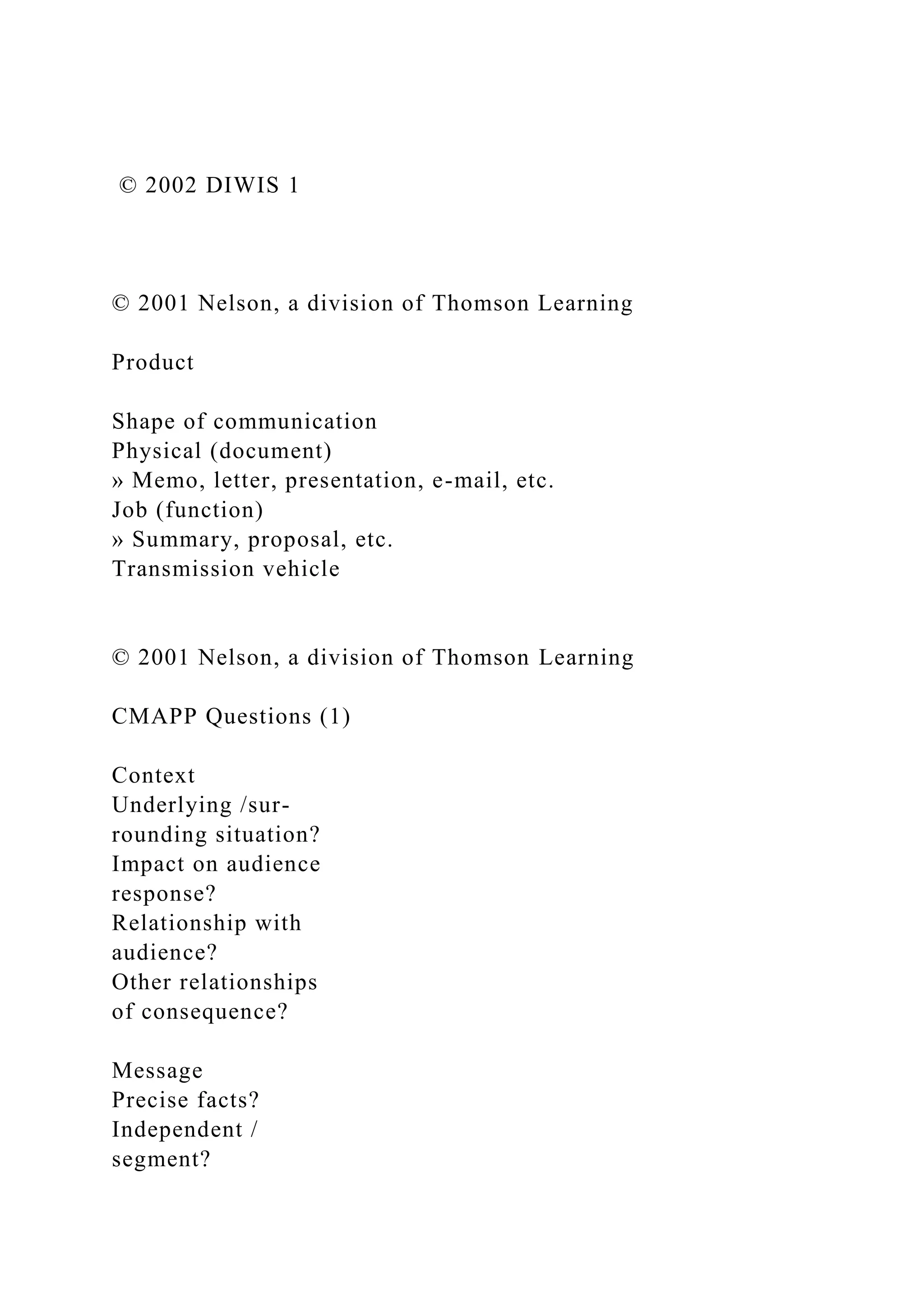 © 2002 DIWIS 1
© 2001 Nelson, a division of Thomson Learning
Product
Shape of communication
Physical (document)
» Memo, letter, presentation, e-mail, etc.
Job (function)
» Summary, proposal, etc.
Transmission vehicle
© 2001 Nelson, a division of Thomson Learning
CMAPP Questions (1)
Context
Underlying /sur-
rounding situation?
Impact on audience
response?
Relationship with
audience?
Other relationships
of consequence?
Message
Precise facts?
Independent /
segment?
 