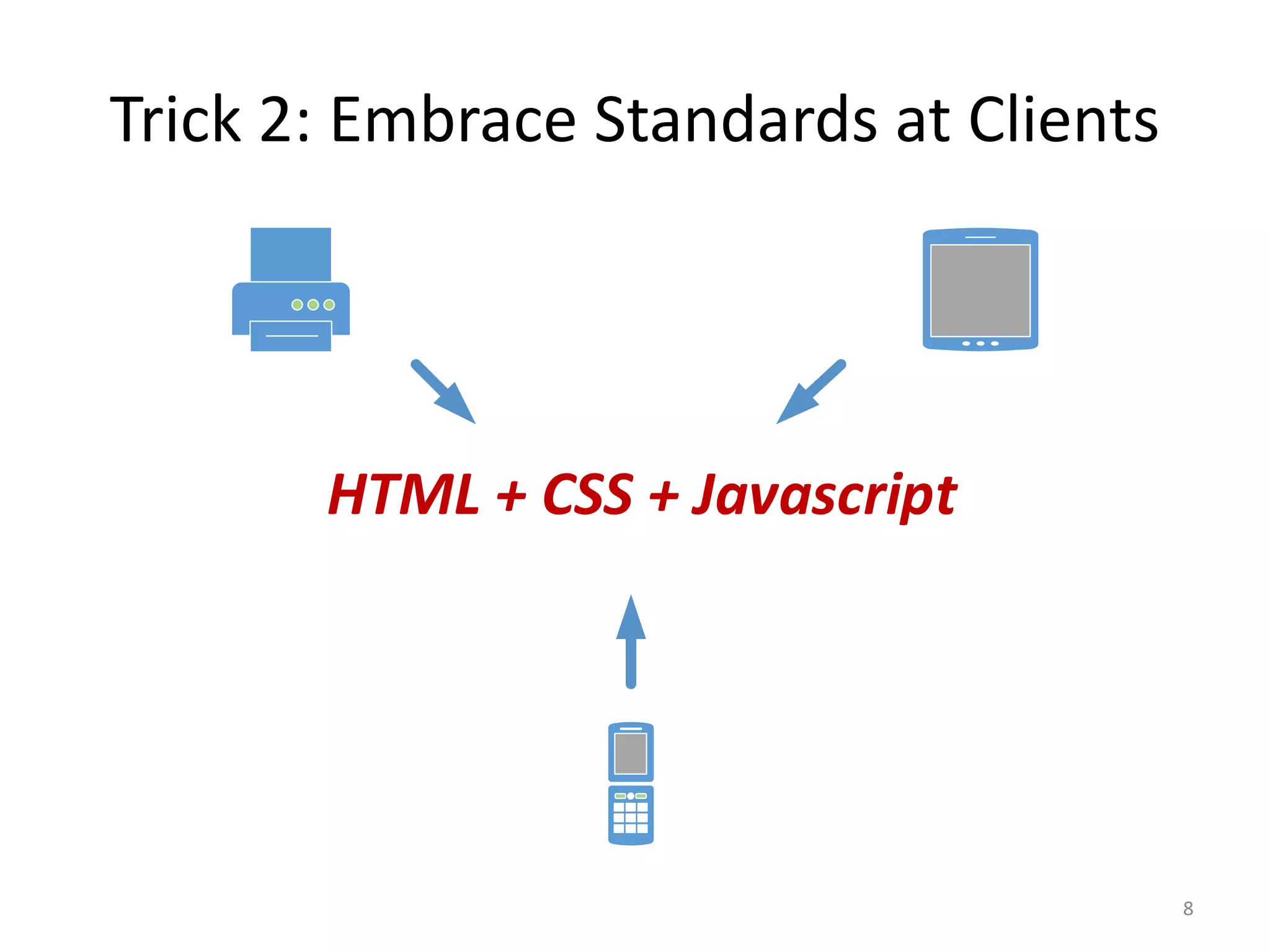 Trick 2: Embrace Standards at Clients




       HTML + CSS + Javascript




                                        8
 
