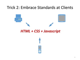 Trick 2: Embrace Standards at Clients




       HTML + CSS + Javascript




                                        8
 