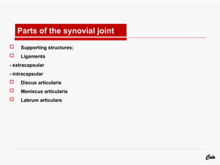  Supporting structures;
 Ligamenta
- extracapsular
- intracapsular
 Discus articularis
 Meniscus articularis
 Labrum articulare
Coto
Parts of the synovial joint
 
