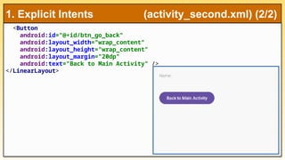 <Button
android:id="@+id/btn_go_back"
android:layout_width="wrap_content"
android:layout_height="wrap_content"
android:layout_margin="20dp"
android:text="Back to Main Activity" />
</LinearLayout>
1. Explicit Intents (activity_second.xml) (2/2)
 