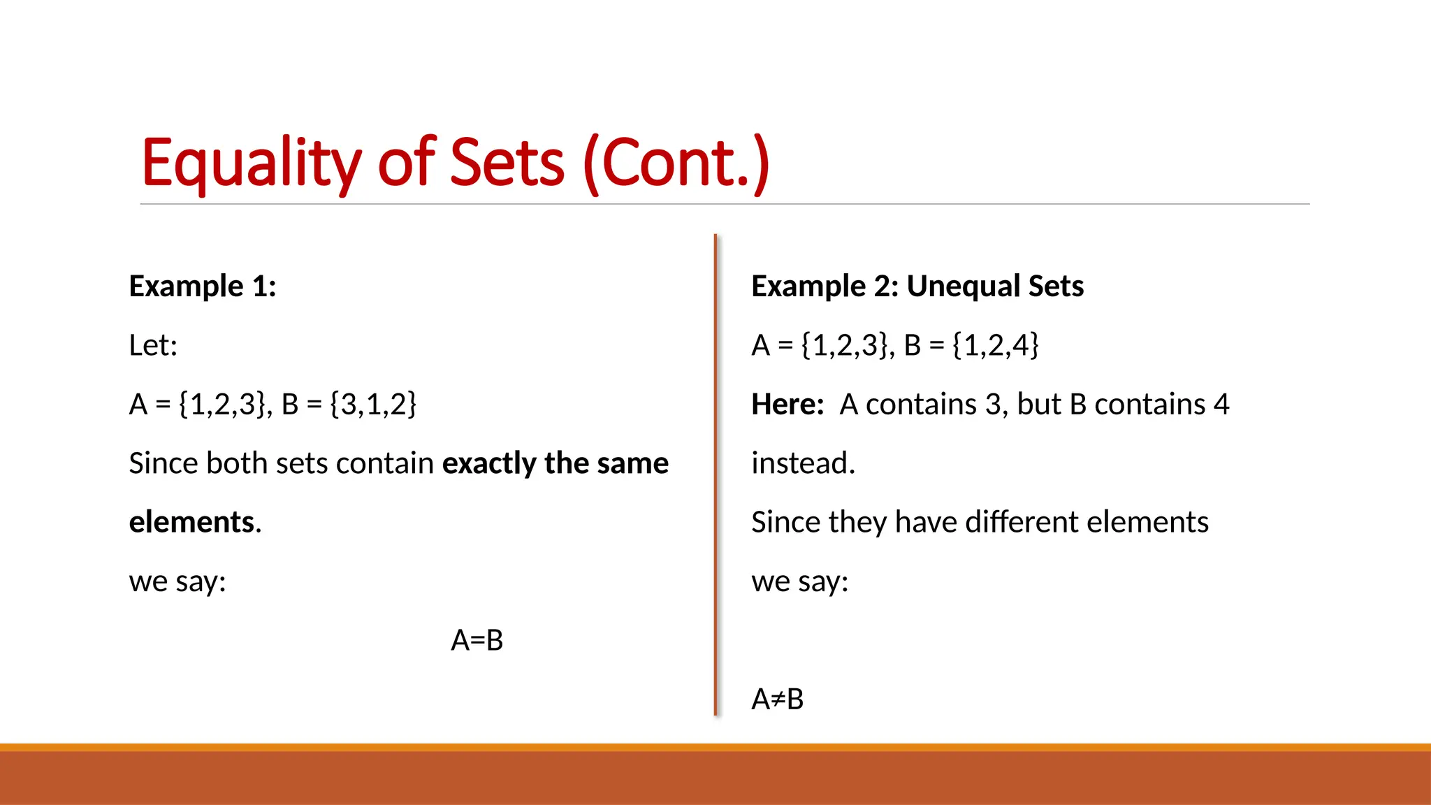 Example 1:
Let:
A = {1,2,3}, B = {3,1,2}
Since both sets contain exactly the same
elements.
we say:
A=B
Equality of Sets (Cont.)
Example 2: Unequal Sets
A = {1,2,3}, B = {1,2,4}
Here: A contains 3, but B contains 4
instead.
Since they have different elements
we say:
A≠B
 
