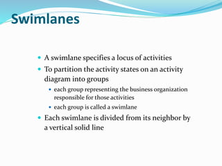  A swimlane specifies a locus of activities
 To partition the activity states on an activity
diagram into groups
 each group representing the business organization
responsible for those activities
 each group is called a swimlane
 Each swimlane is divided from its neighbor by
a vertical solid line
Swimlanes
 