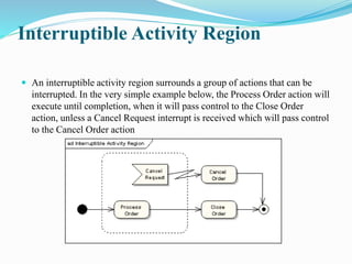 Interruptible Activity Region
 An interruptible activity region surrounds a group of actions that can be
interrupted. In the very simple example below, the Process Order action will
execute until completion, when it will pass control to the Close Order
action, unless a Cancel Request interrupt is received which will pass control
to the Cancel Order action
 