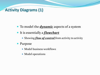  To model the dynamic aspects of a system
 It is essentially a flowchart
 Showing flow of control from activity to activity
 Purpose
 Model business workflows
 Model operations
Activity Diagrams (1)
 