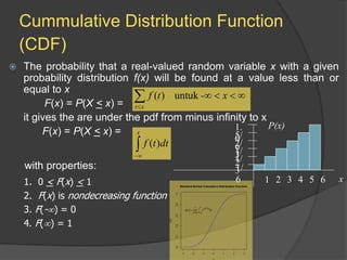  The probability that a real-valued random variable x with a given
probability distribution f(x) will be found at a value less than or
equal to x
F(x) = P(X < x) =
it gives the are under the pdf from minus infinity to x
F(x) = P(X < x) =
with properties:






x
t
x
-
t
f untuk
)
(
1. 0 < F(x) < 1
2. F(x) is nondecreasing function
3. F(-) = 0
4. F() = 1
Cummulative Distribution Function
(CDF)


x
dt
t
f )
(
x
P(x)
1/
6 1 4 5 6
2 3
1/
3
1/
2
2/
3
5/
6
1.
0
 