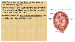 The first infant is identified as A, immediately
newborn care is given.
Oxytocin is not given yet after the delivery of the
first infant-to avoid compromising the circulation
of the infants not yet born
Assess woman for post partum hemorrhage and
infection due to prolonged labor
 