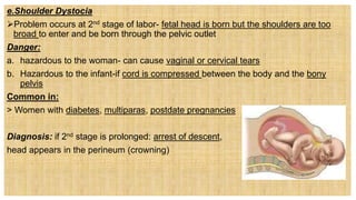 e.Shoulder Dystocia
Problem occurs at 2nd stage of labor- fetal head is born but the shoulders are too
broad to enter and be born through the pelvic outlet
Danger:
a. hazardous to the woman- can cause vaginal or cervical tears
b. Hazardous to the infant-if cord is compressed between the body and the bony
pelvis
Common in:
> Women with diabetes, multiparas, postdate pregnancies
Diagnosis: if 2nd stage is prolonged: arrest of descent,
head appears in the perineum (crowning)
 