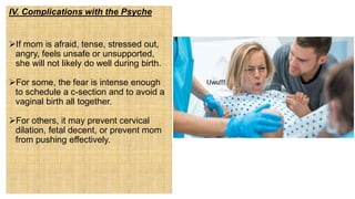 IV. Complications with the Psyche
If mom is afraid, tense, stressed out,
angry, feels unsafe or unsupported,
she will not likely do well during birth.
For some, the fear is intense enough
to schedule a c-section and to avoid a
vaginal birth all together.
For others, it may prevent cervical
dilation, fetal decent, or prevent mom
from pushing effectively.
Uwu!!!
 